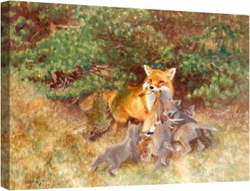 Майка лисица храни малките си