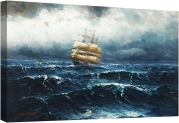 Морски пейзаж с ветроходни лодки в бурно море