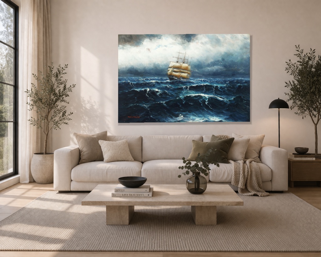 Морски пейзаж с ветроходни лодки в бурно море - Image 2
