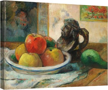 Натюрморт с ябълка, круша и керамична кана