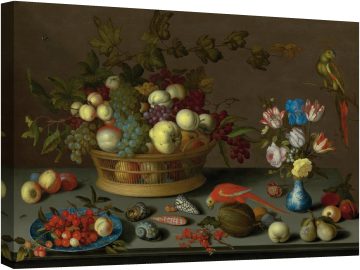 Натюрморт с плодове, цветя, рапани и папагал