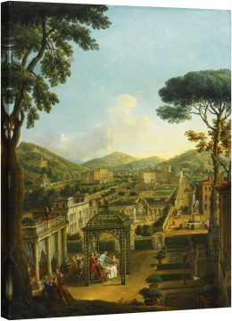 Пейзаж с вили и фигури, включително самият художник, вечерящ под пергола на преден план