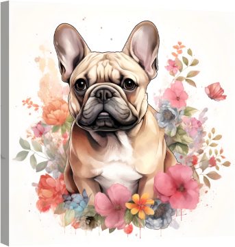 Френски булдог сред цветята