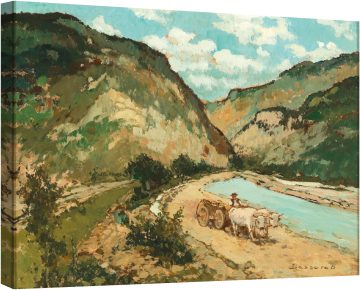 Ochsenkarren in Flusslandschaft