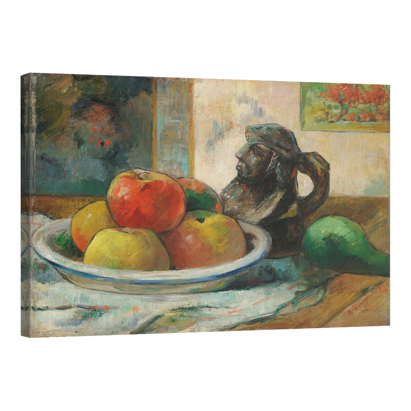 Натюрморт с ябълка, круша и керамична кана