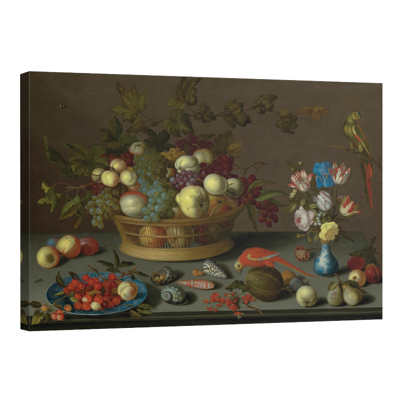 Натюрморт с плодове, цветя, рапани и папагал