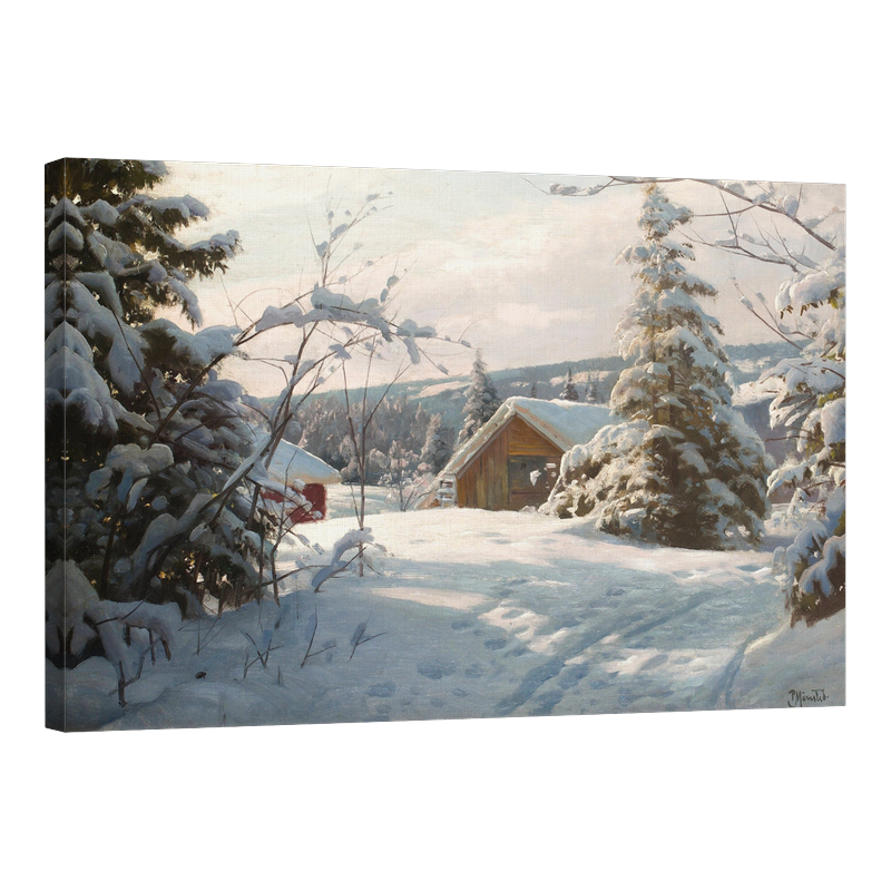 Слънчев зимен пейзаж с къщичка