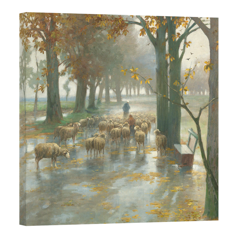 Стадо овце с овчарка в дъждовен ден