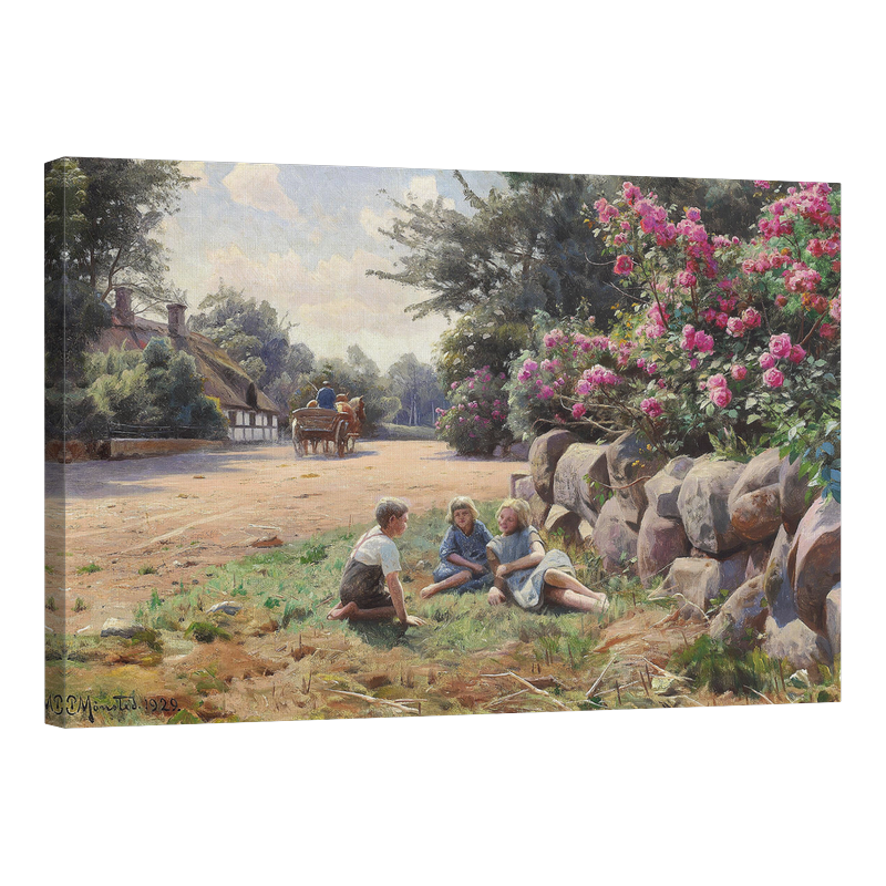 Три деца, седнали в тревата под розов храст край провинциална улица 1929