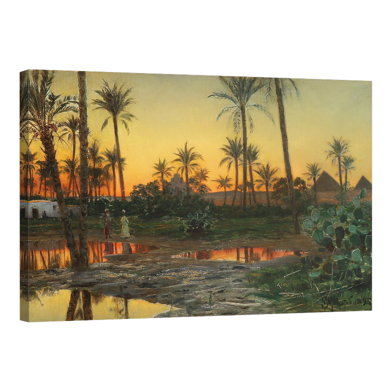 Вечерен пейзаж от Бетрезине с хора в оазис. На заден план пирамиди 1897